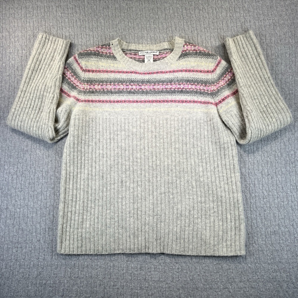 Jillian Jones Sweater Women PM Grey Pink Fair Isle Angora Lambswool Ribbed Knit